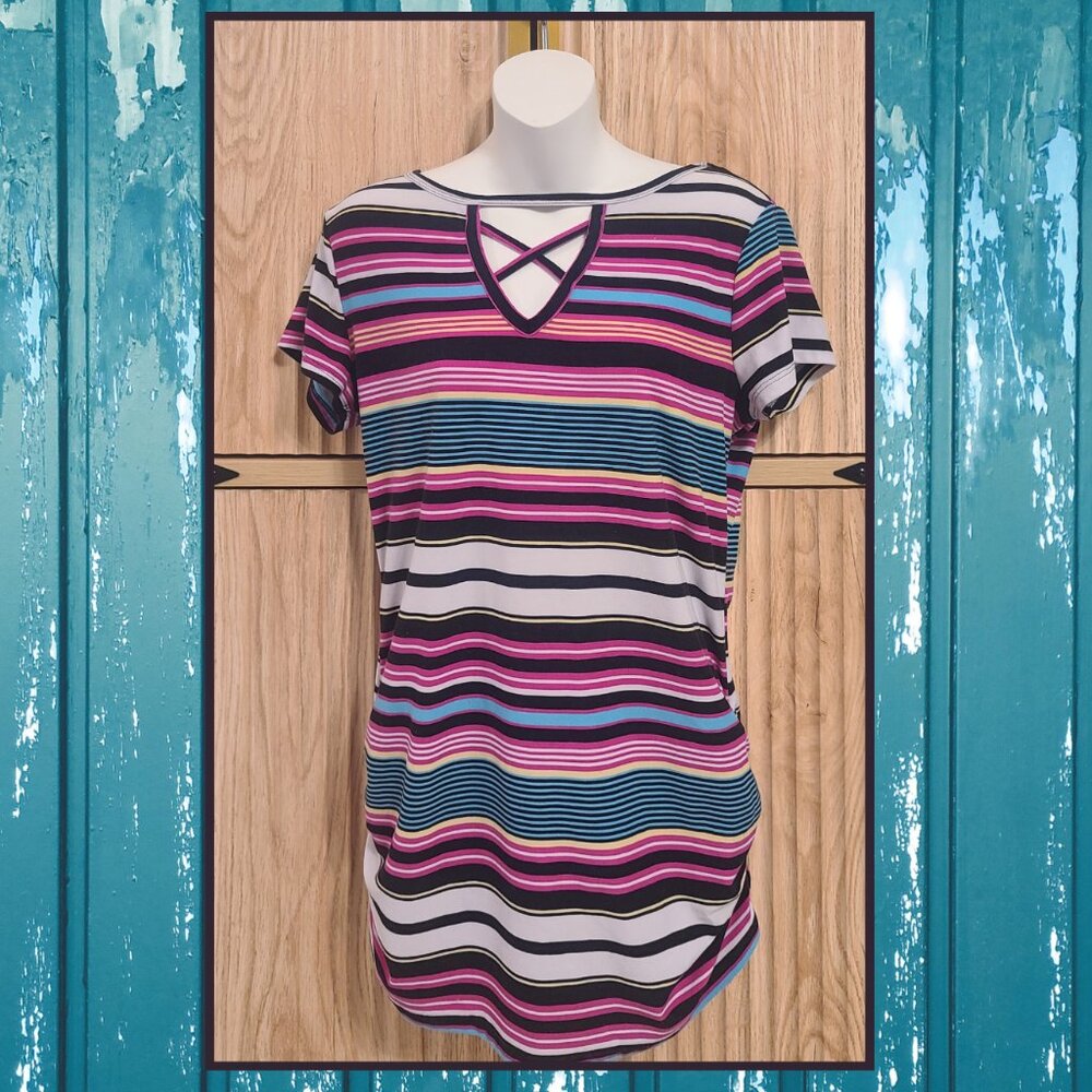 Bobbie Brooks Striped Ruched Tunic Top – Size Large - Picture 1 of 10